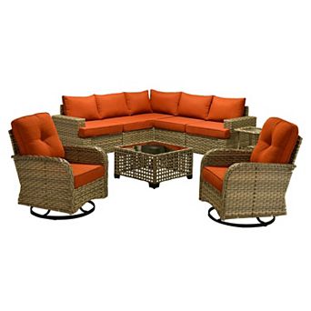 Ovios 9 pc PE Wicker Outdoor Sectional Sofa Set, w/ Solar Coffee Table & Swivel Chairs for Patio