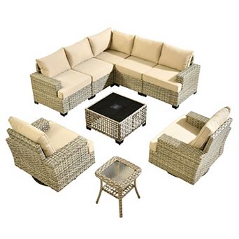 Ovios 9 pc Patio Sectional Modular Sofa Set w/ Swivel Rocking Chairs & Solar Light Coffee Table
