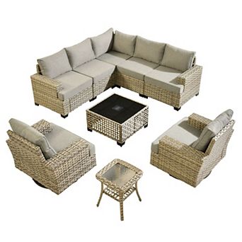 Ovios 9 pc Patio Sectional Modular Sofa Set w/ Swivel Rocking Chairs & Solar Light Coffee Table