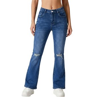 Women High Waist Knee Ripped Flare Jeans, Faded Stretch Distressed Bootcut Denim Pants
