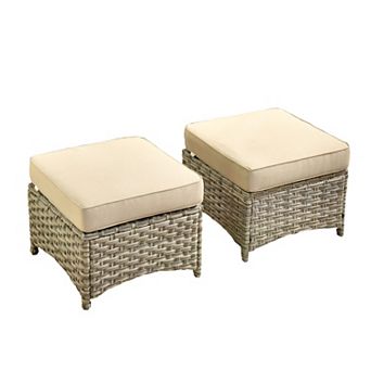 Ovios 2 pc Outdoor Wicker Ottomans Set w/ Thick Cushion & All Weather Resistant Rattan for Patio