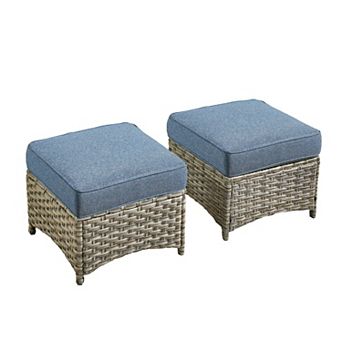Ovios 2 pc Outdoor Wicker Ottomans Set w/ Thick Cushion & All Weather Resistant Rattan for Patio