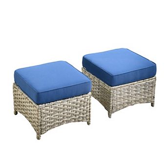 Ovios 2 pc Outdoor Wicker Ottomans Set w/ Thick Cushion & All Weather Resistant Rattan for Patio