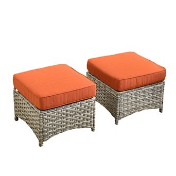 Ovios 2 pc Outdoor Wicker Ottomans Set w/ Thick Cushion & All Weather Resistant Rattan for Patio