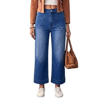Women High Waist Cropped Wide Leg Denim Pants, Button Fly Straight Jeans with Pockets