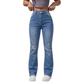 Women High Waist Ripped Flare Jeans, Faded Distressed Stretch Bootcut Denim Pants