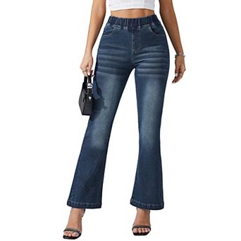 Women Elastic High Waist Flare Denim Pants, Stretch Casual Bootcut Jeans with Front & Back