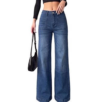Women Low Rise Flare Leg Jeans, Vintage Washed Wide Bootcut Pants with Square Pockets