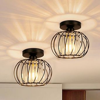 2-Pack Matte Black Flush Mount Light, Geometric Metal Crystal Design, E26 Base