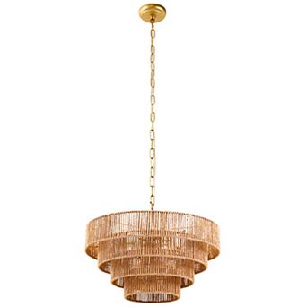 Bohemian Rattan Chandelier, Boho 19.7 in 6-Light Wicker Pendant for Dining Room, Living Room
