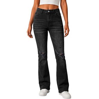 Women High Waist Knee Ripped Flare Jeans, Faded Whiskering Distressed Stretch Bootcut Pant