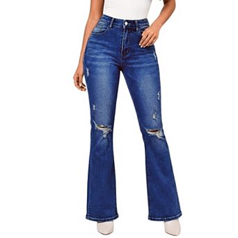 Women High Waist Knee Ripped Flare Jeans, Washed Distressed Stretch Bootcut Trousers