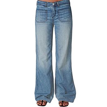 Women Light Wash Mid Rise Flare Leg Jeans, Square Patch Front Pocket Full Length Pants