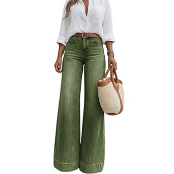 Women High Waist Colored Wide Leg Jeans, Classic Five Pocket Full Length Vintage Trousers