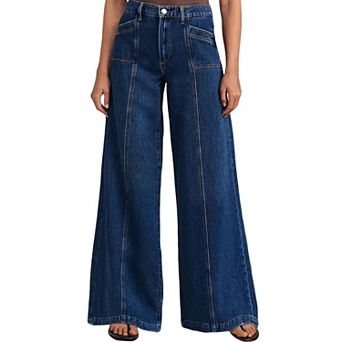 Women High Rise Stitched Panel Wide Leg Jeans, Seam Detail Loose Retro Straight Pants
