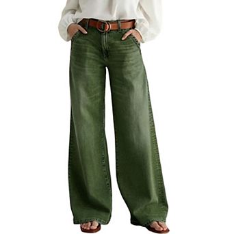 Women Mid Rise Washed Wide Leg Denim Jeans, Loose Straight Baggy Trousers with Pockets