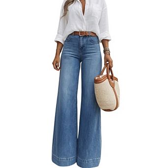 Women High Waist Light Wash Wide Leg Jeans, Classic Five Pocket Full Length Loose Trousers