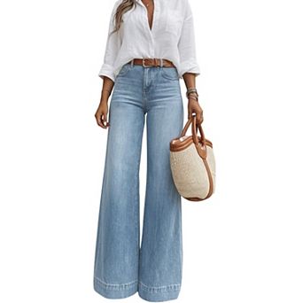 Women High Waist Light Wash Wide Leg Denim Jeans, Classic Five Pocket Long Denim Pants