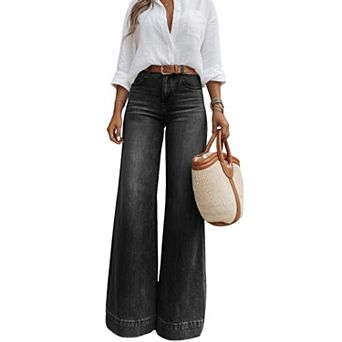 Women High Waist Dark Washed Wide Leg Jeans, Classic Five Pocket Denim Pants