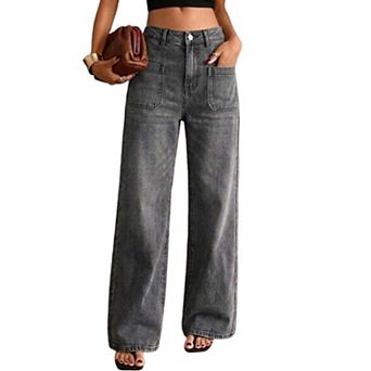 Women Vintage Washed Straight Wide Leg Jeans, Front Patch Pocket High Waist Long Trousers