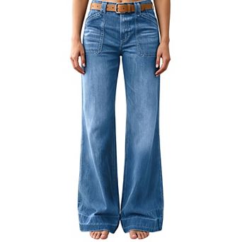 Women High Waist Patch Pocket Wide Leg Jeans, Classic Pocket Loose Casual Denim Trousers
