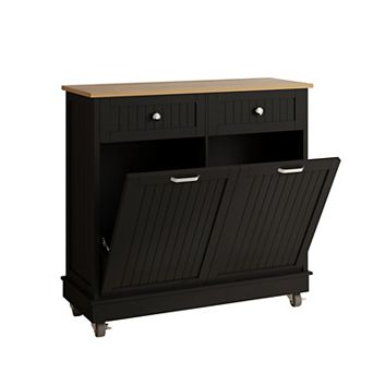 20 Gallons Double Tilt-Out Trash Can Cabinet with 3 Hideaway Drawers, Power Outlets, Pet Proof