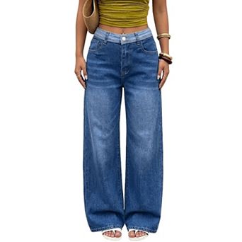Women Contrast Waistband Washed Wide Leg Jeans, Button Back Flap Pocket Long Pants