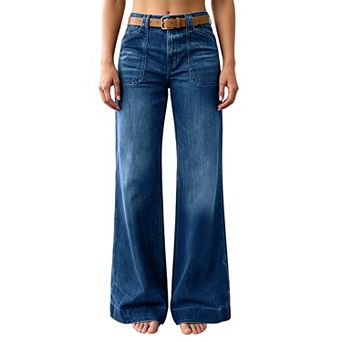 Women High Waist Patch Pocket Wide Leg Jeans, Classic Pocket Loose Denim Trousers