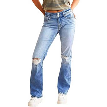 Women Double Button Mid Rise Ripped Flare Jeans, Faded Distressed Stretch Bootcut Pants