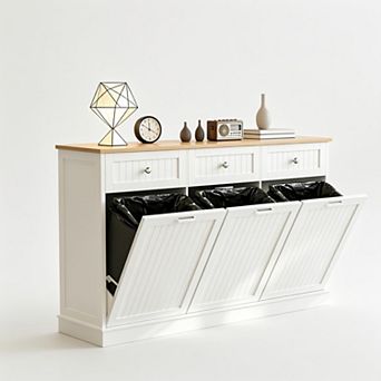 30 Gallons Triple Tilt-Out Trash Can Cabinet with 3 Hideaway Drawers, Power Outlets, Pet Proof
