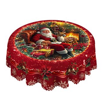 Christmas Print Tablecloth, Santa & Snowman Print,Holiday Decor,Polyester Table Cover