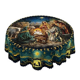 Christmas Print Tablecloth,Religious Table Decor,Washable Reusable Tablecloth Cover,Scalloped-Edge