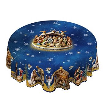 Christmas Print Tablecloth,Religious Table Decor,Washable Reusable Tablecloth Cover,Scalloped-Edge