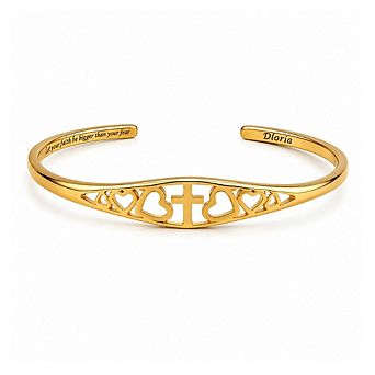 Cross and Heart Faith Engraved Adjustable Cuff Bracelet-“Let your faith be bigger than your fear”