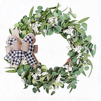 20" Eucalyptus Wreath with Bow, All‑Season Green Leaf Wreath for Front Door Farmhouse Decor