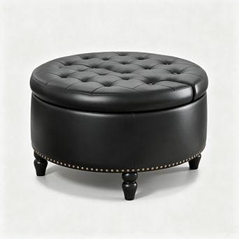 Vabches Round Storage Ottoman, PU Leather Lift Top Coffee Table