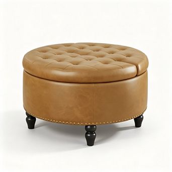 Vabches Round Storage Ottoman, PU Leather Lift Top Coffee Table