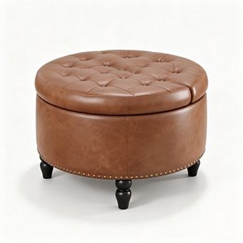Vabches Round Storage Ottoman, PU Leather Lift Top Coffee Table