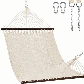 10.5-Foot Double Caribbean Rope Hammock with Spreader Bars, 2-Person Outdoor Patio Design, Cream