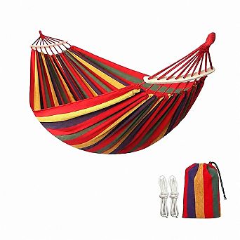 Cotton Canvas Hammock with Tree Straps and Carry Bag, Portable Indoor Outdoor Hammock, Red with Bar