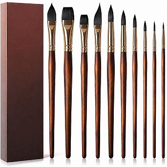 10 pc Synthetic Squirrel Hair Watercolor Paint Brush Set for Artists and Beginners