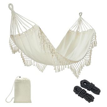 Boho Macrame Single Hammock with Hanging Ropes and Tassels, Portable Cotton Blend Patio and Indoor