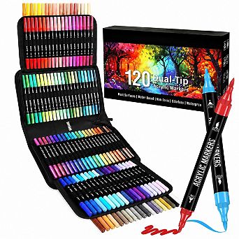 120 Colors Acrylic Paint Markers Dual Tip Fine and Brush Pens 24 Metallic Kit