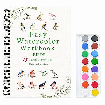 Watercolor Workbook Set with 16 Paint Colors and 15 Birds Paintings for Beginners
