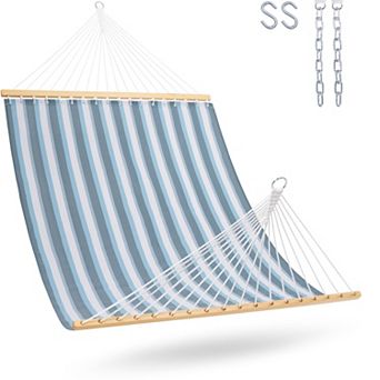 Quick Dry Two Person Hammock with Hardwood Spreader Bar and Chains, Blue White Stripes