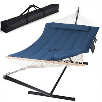 Double Rope Hammock with 12-Foot Steel Stand, Quilted Polyester Pad and Hardwood Spreader Bars, Navy