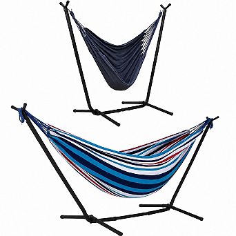 2-in-1 Convertible Double Hammock with Stand and Hammock Chair, Portable Outdoor Set, Sea Blue