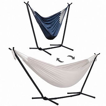 2-in-1 Convertible Double Hammock with Adjustable Stand, Portable Outdoor Hammock Chair Combo