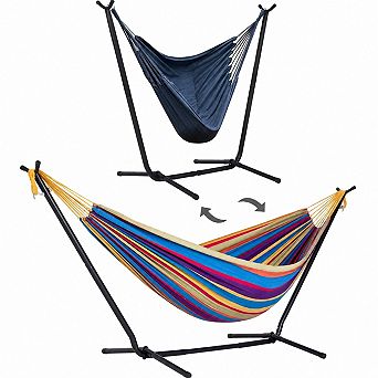 2-in-1 Convertible Outdoor Fabric Hammock with Adjustable Stand, Large Double Hammock and Chair