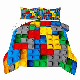 Construction Twin Comforter Set with 3D Building Blocks Quilt and Pillow Case 68x90 Inch